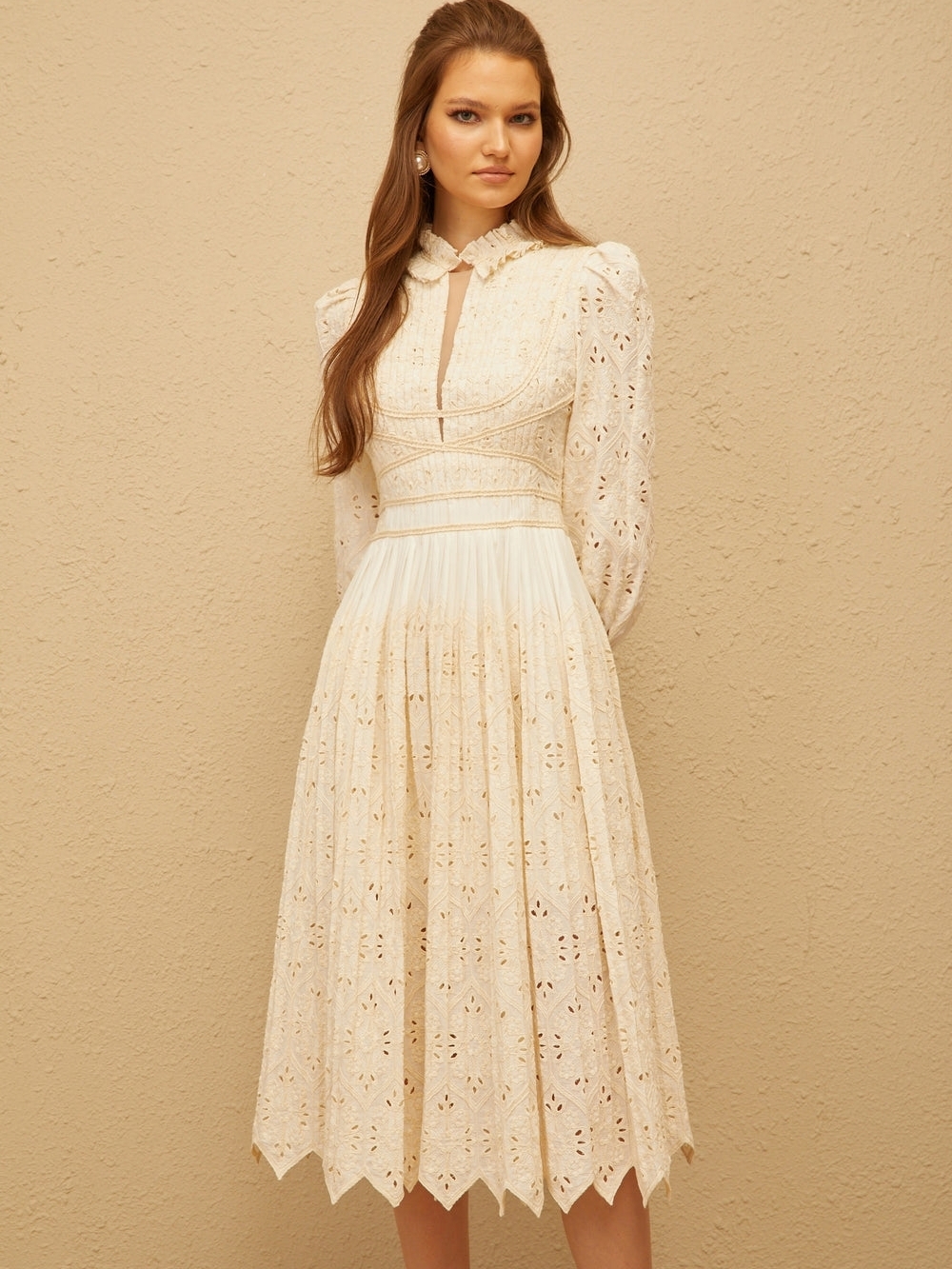 Romantic Cream Eyelet Midi Dress with Ruffled Collar